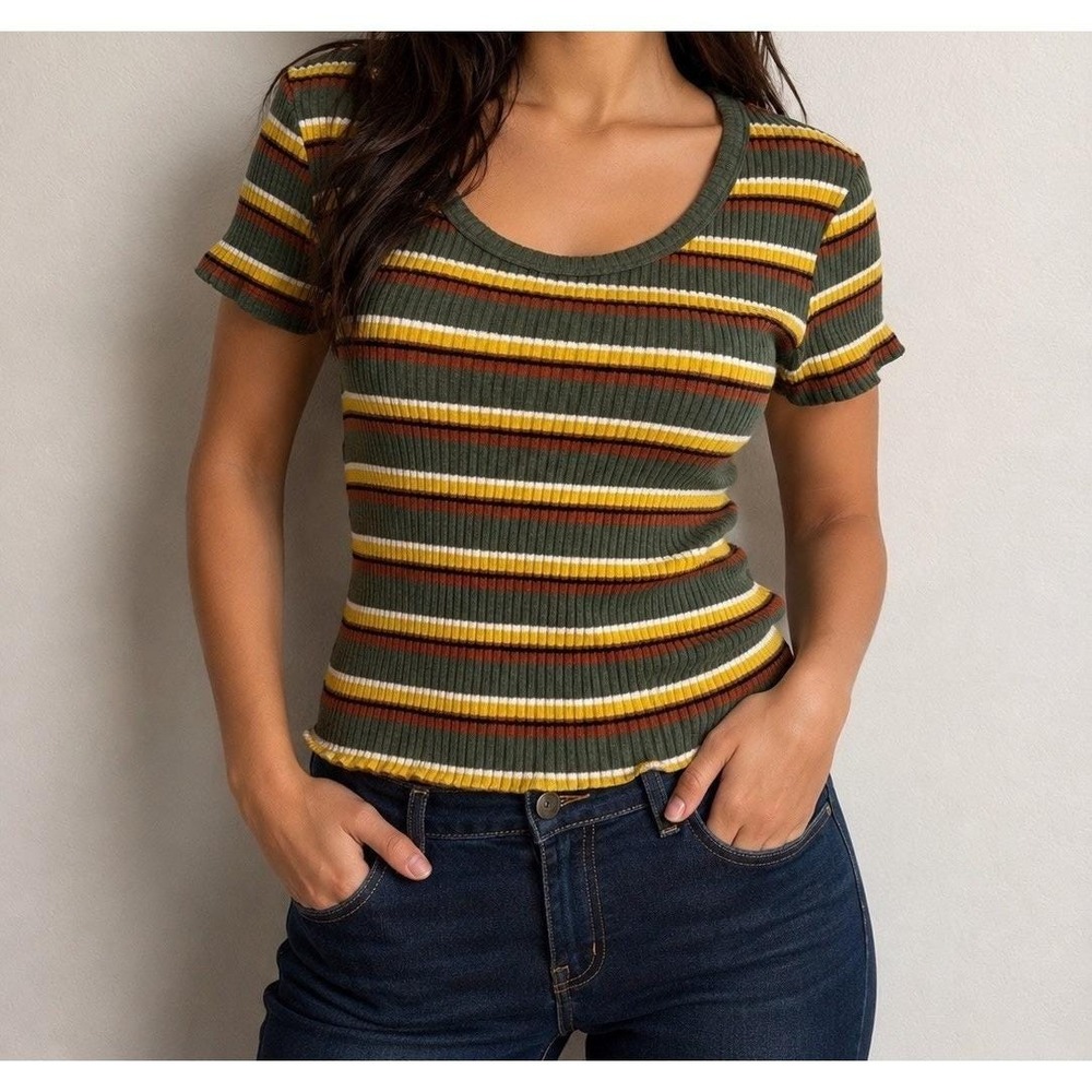No Boundaries Y2K Olive Green Stripe Ribbed Womens Top Size XL Retro Grunge Goth